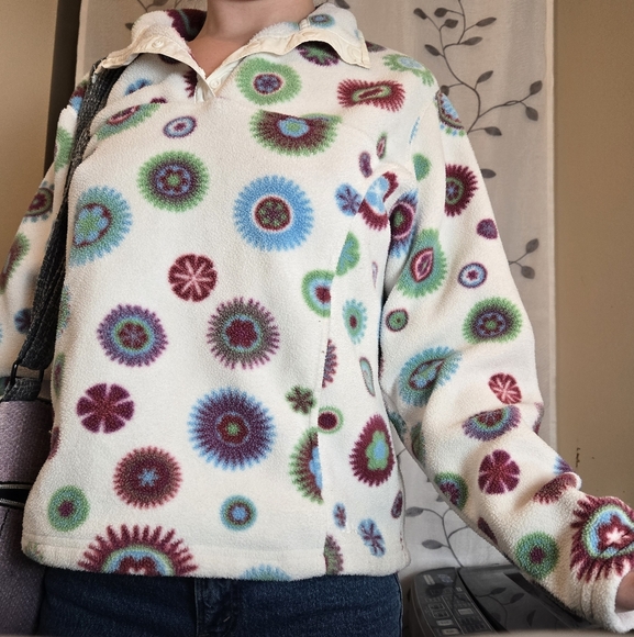 LL Bean Fleece Geometric Snap Pullover Size Medium Women's Pockets Floral Multi - Picture 2 of 8